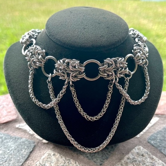 Handmade stainless steel maille thick choker chain double bizantine link pattern - Picture 2 of 16